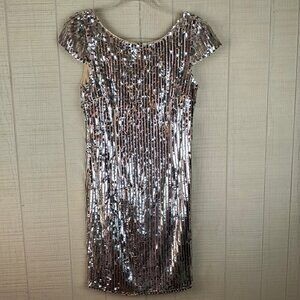 Lulus Sequin Dress Silver Nude Low Scoop Back Cap Sleeves Stretch NYE